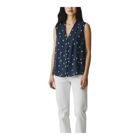 41 Hawthorn Polka Dot Sleeveless Blouse Top Med Navy White V-Neck Flowy Coastal - Picture 1 of 7